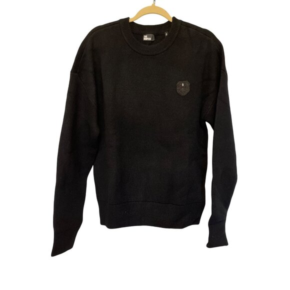 The Kooples Mens Black Knitted Wool Blend Crewneck Sweater W/Crest Patch Size M - Picture 1 of 4